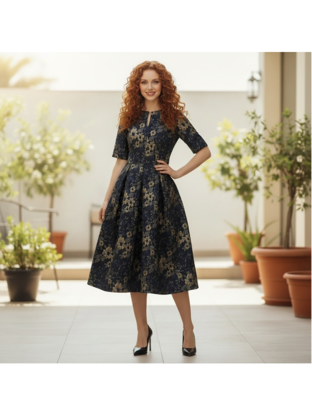 Size 6 JS Collections Deep Navy & Gold Floral textured Jacquard Cocktail Dress